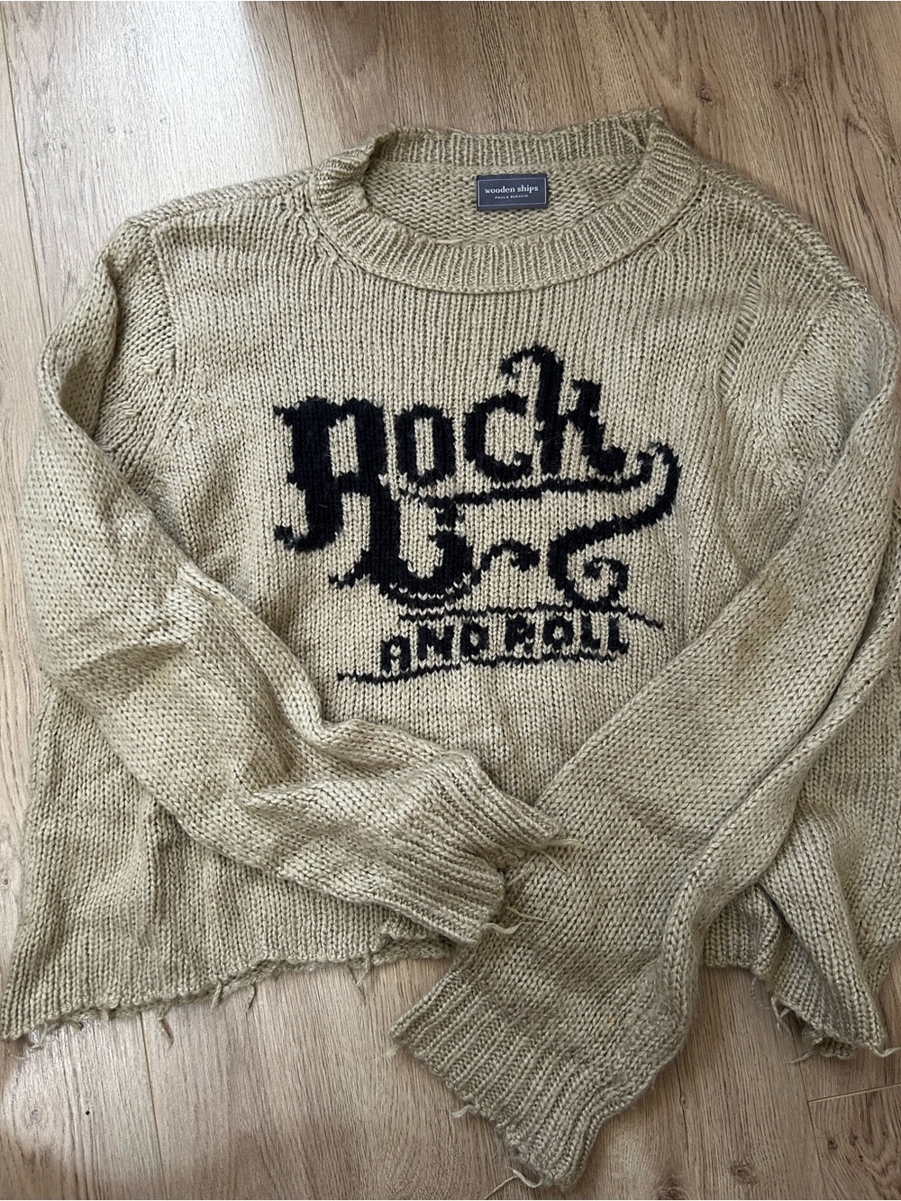 Wooden Ships Beige Crewneck Sweater with Black 'Rock and Roll' Graphic